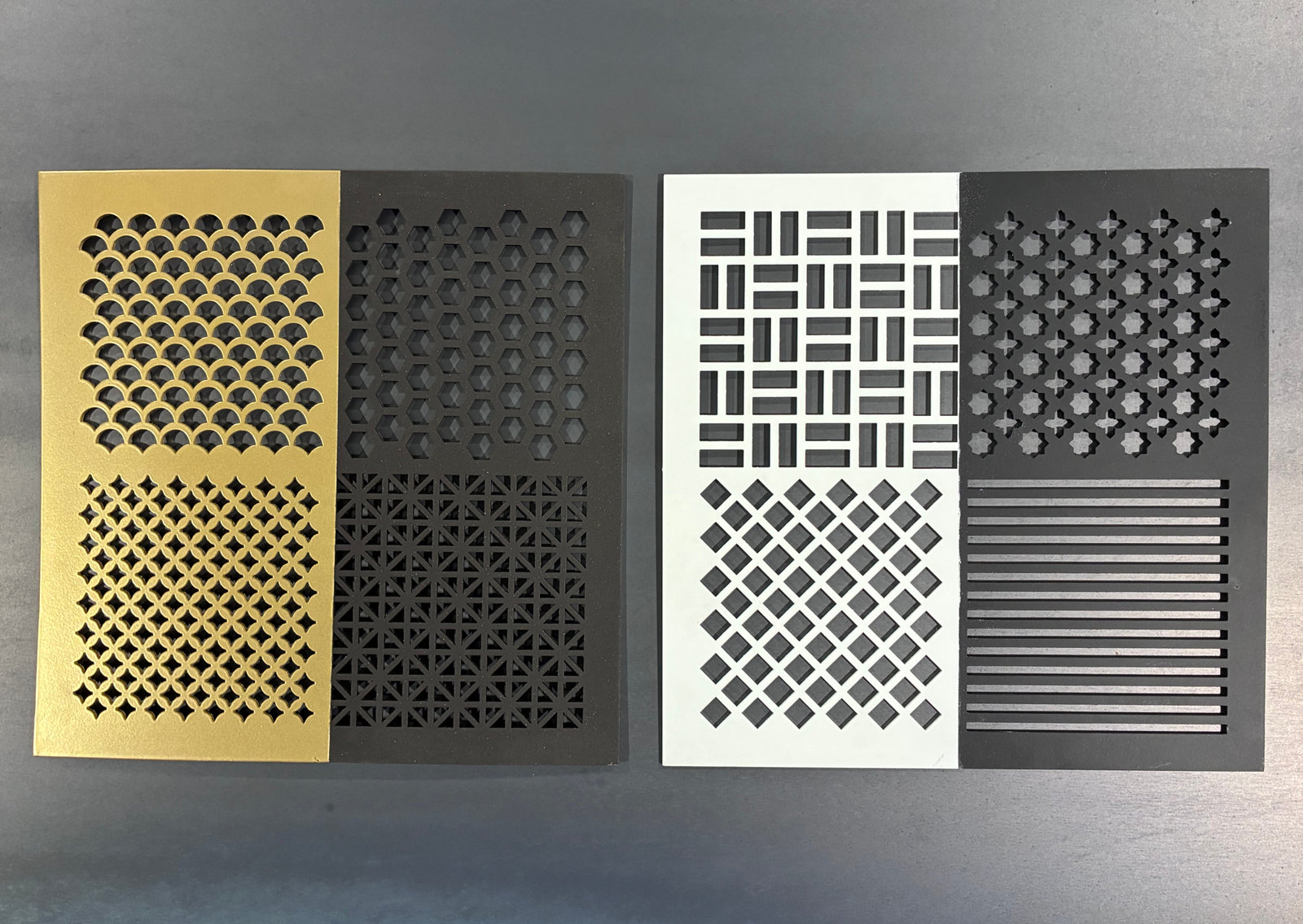 Assorted custom laser-cut vent covers in black, gold, and white finishes